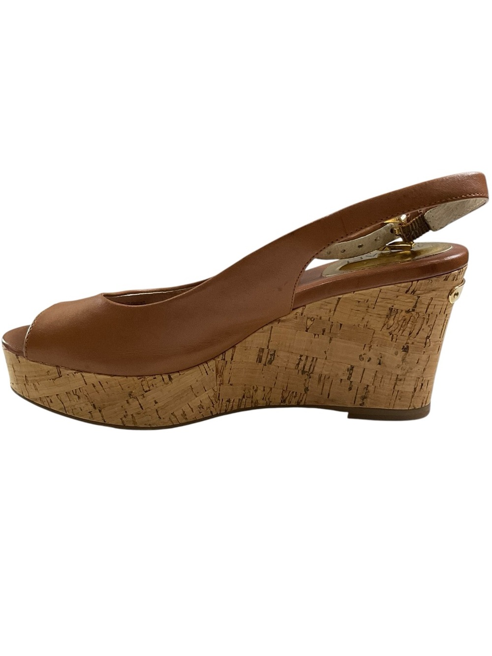 MICHAEL Michael Kors Brown Leather Cork Wedge Slingback Peep-Toe Sandals - Picture 5 of 9